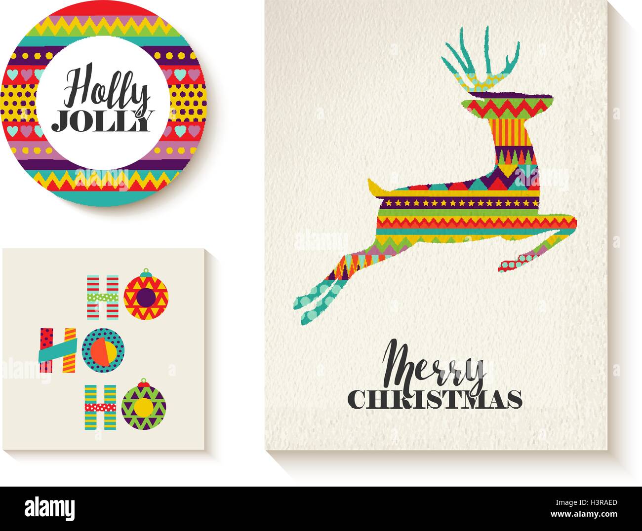 Merry Christmas set of colorful designs made with geometric holiday shapes for card, label or tag. EPS10 vector. Stock Vector