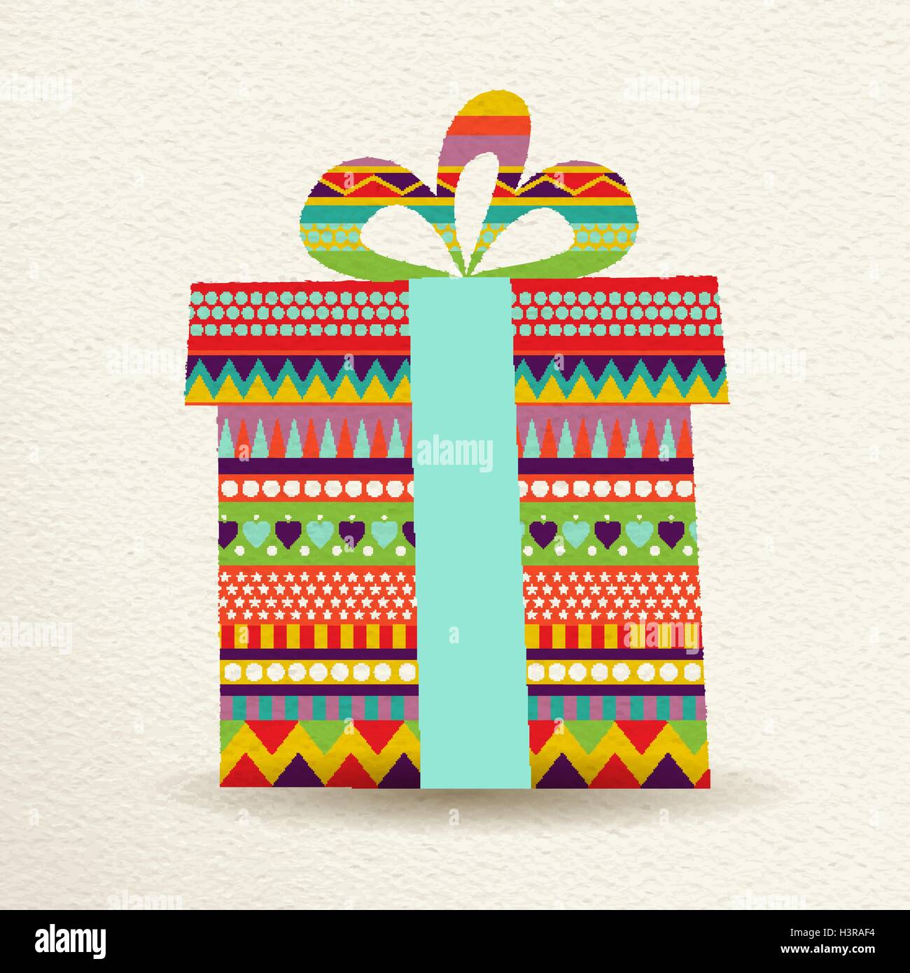 Merry Christmas gift design in fun happy colors with geometric shapes and stripes, concept holiday illustration. EPS10 vector. Stock Vector