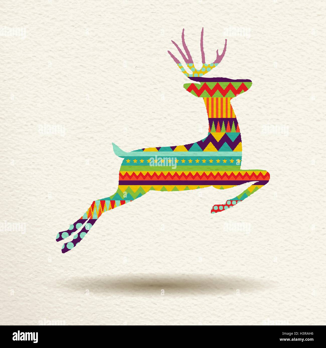 Merry Christmas jumping deer in fun happy colors with abstract geometric shapes, concept holiday design. EPS10 vector. Stock Vector