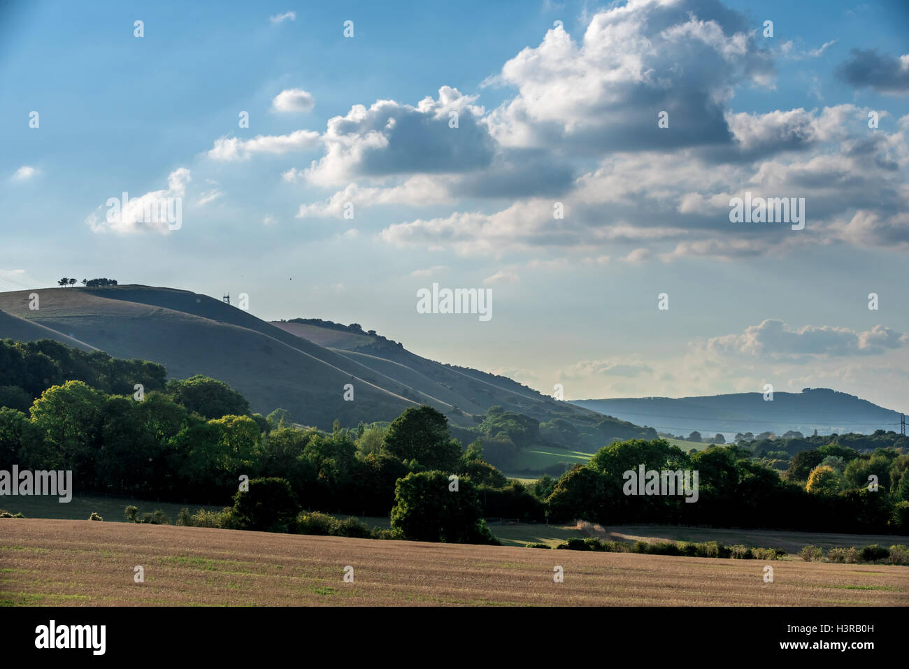 Fulking Escarpment in the South Downs National Park in soft afternoon light. Stock Photo