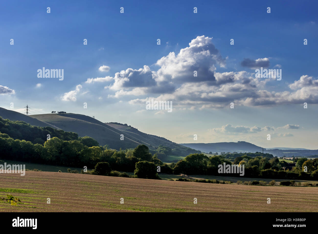 Fulking Escarpment in the South Downs National Park in soft afternoon light. Stock Photo