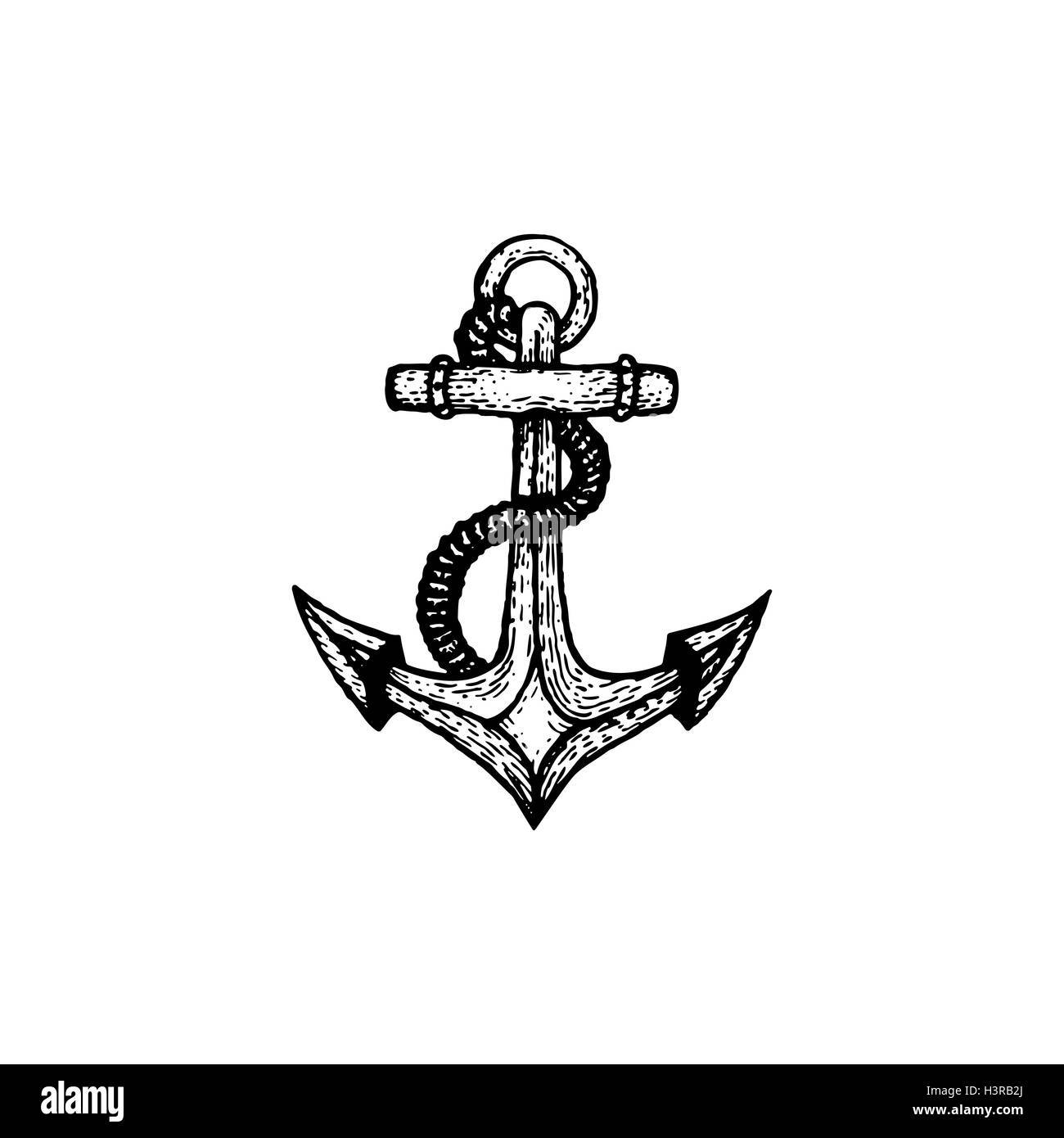 vector black work tattoo dot art hand drawn engraving style nautical anchor illustration isolated white background Stock Vector