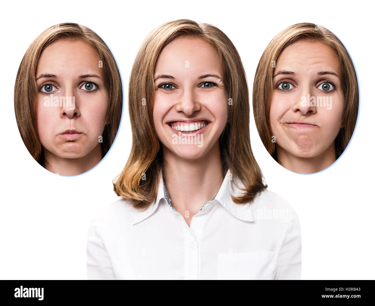 Young girl changes her face portraits. Stock Photo
