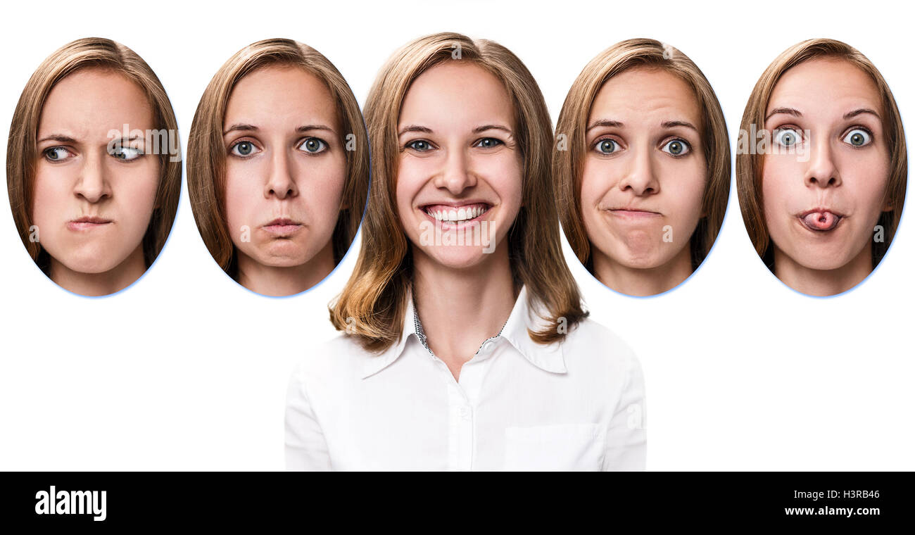 Young girl changes her face portraits. Stock Photo