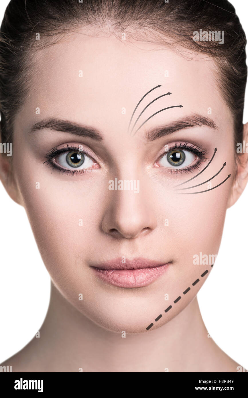 Beautiful Woman Face With Correction Lines Stock Photo Alamy