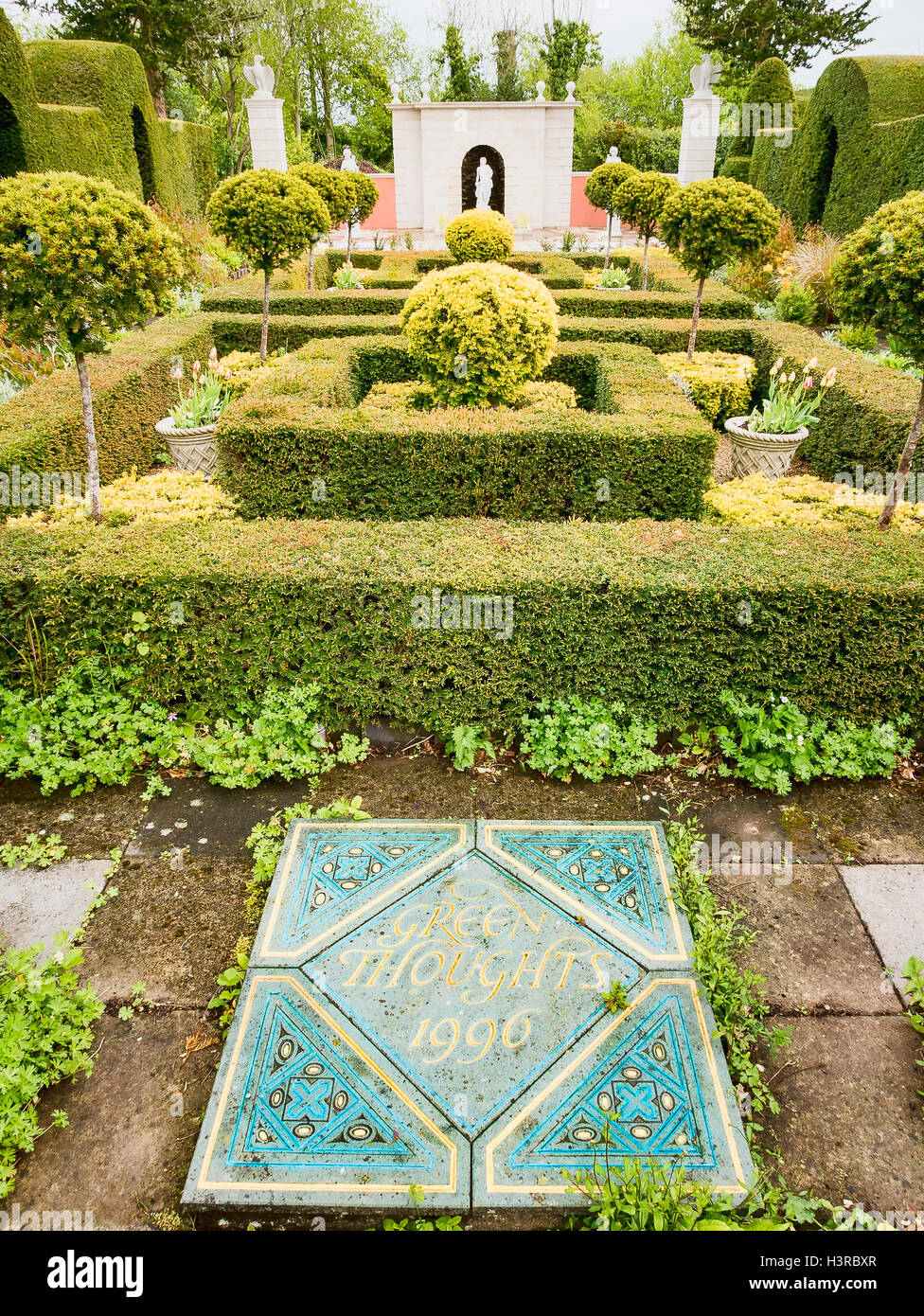 Ornamental dedication Green Thoughts in Laskett garden Herefordshire UK Stock Photo
