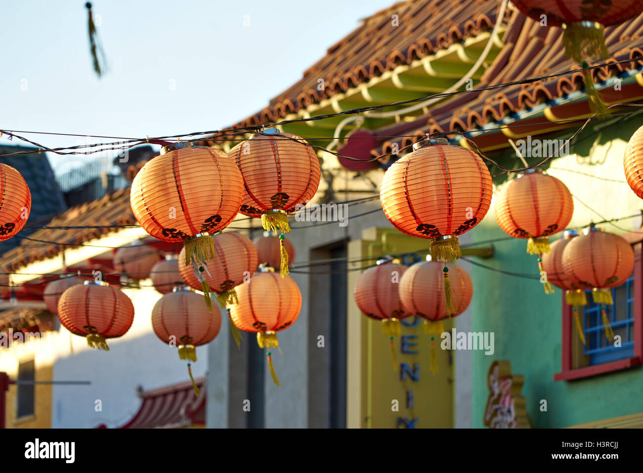 Beautiful red Chinese lanterns in Chinatown of Los Angeles Stock Photo