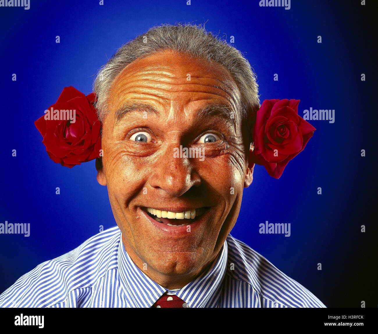 Man, ears, roses, blossoms, facial play, happy, portrait, flowers