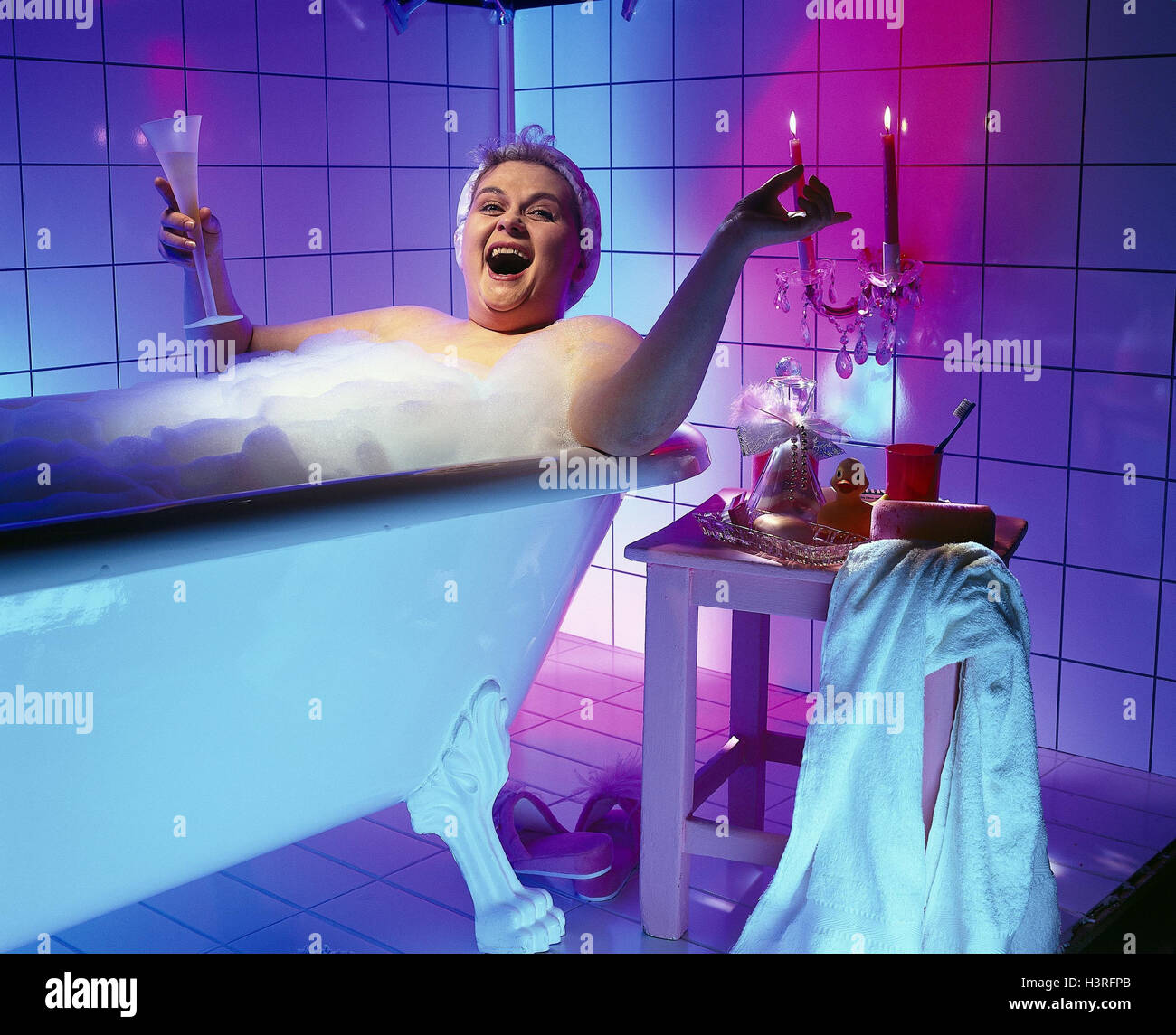 Bath, woman, bath, glass, Sparkling Wine, candles, happy, have of a bath, proper bath, bubble bath, bath froth, have of a bath, personal care, care, hygiene, body hygiene, melted, joy, leisure time, recover Stock Photo