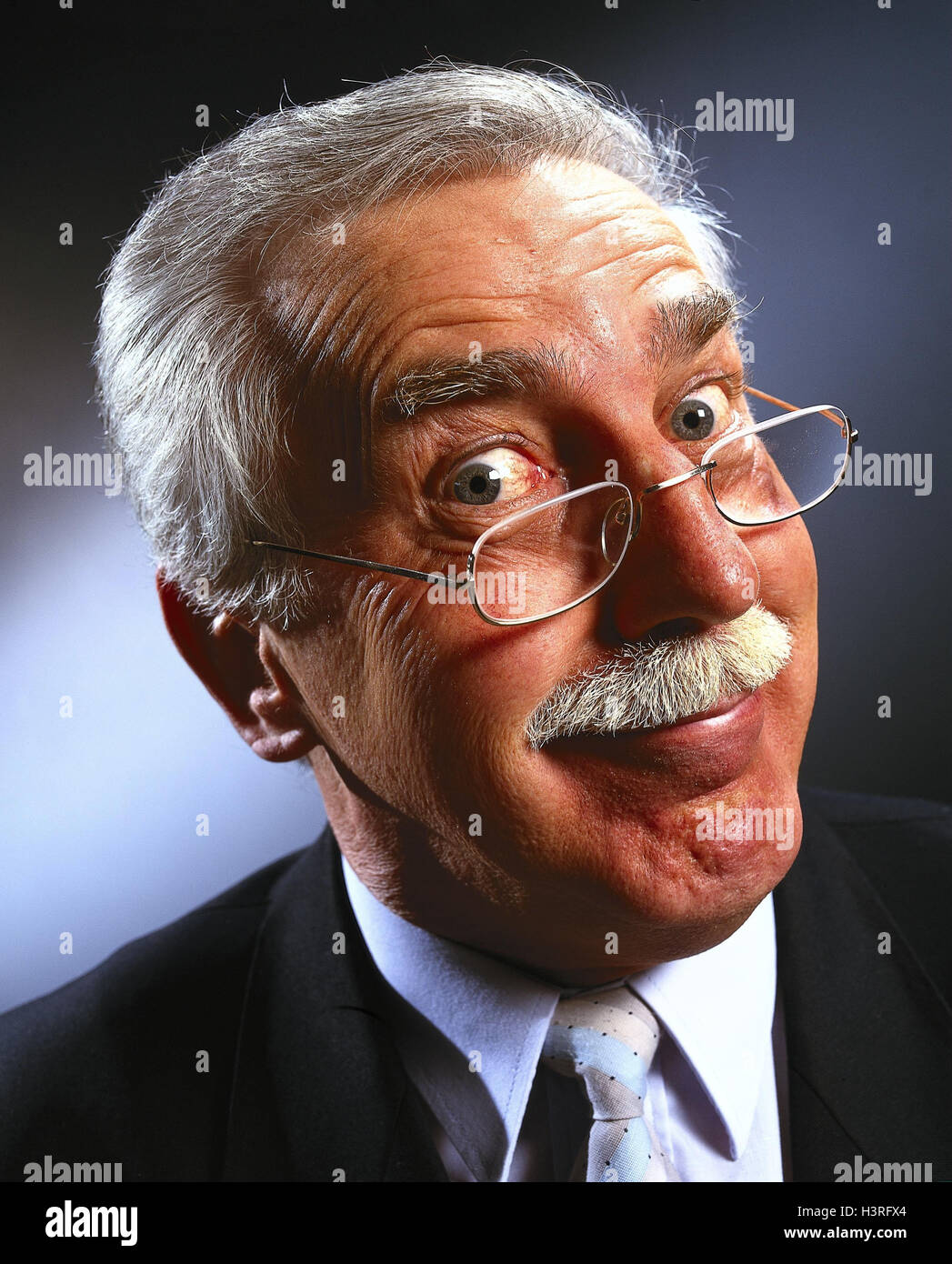 Senior, glasses, facial play, joy, portrait, gesp. Unt. Electronics inside, man, moustache, schnauzers, smile, smile, interrogatorily, contently, satisfaction, equalised, confidently, approval, words, studio, cut out Stock Photo