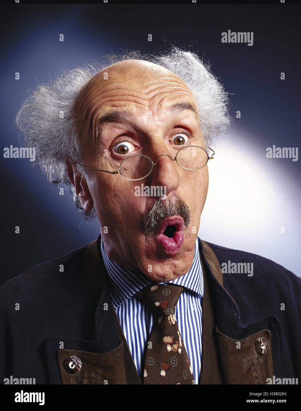 Senior, glasses, forehead bald head, facial play, is surprised, surprises, portrait, man, old, wearers glasses, reading glasses, visual help, expression, astonished, surprise, surprises, surprise, amazed, inside Stock Photo