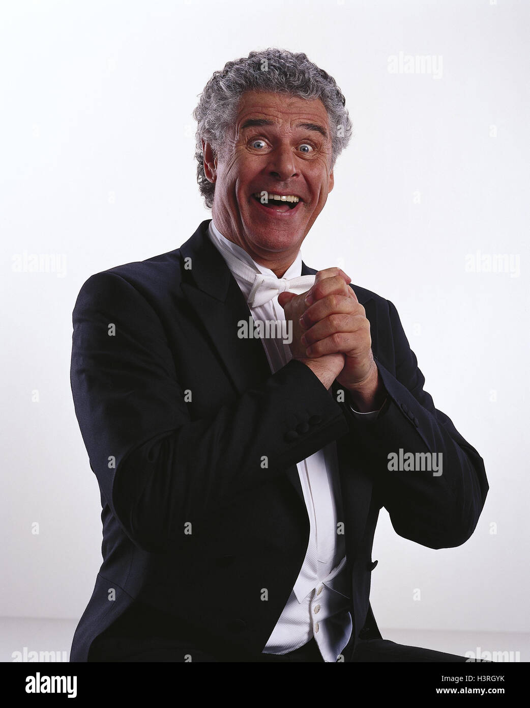 Man, tails, gesture, enthusiasm, half portrait, senior, suit, fly, evening wardrobe, elegantly, festively, facial play, smile, pleases, happy, beaming, Verzückung, enthusiasm, joy, cheerfulness, positive mood, studio, cut out, Stock Photo