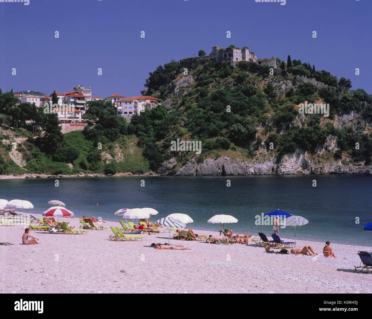 Greece, Corfu, west coast, beach and castle Parga, holiday resort, beach, sunshades, coast, castle, west coast, Stock Photo