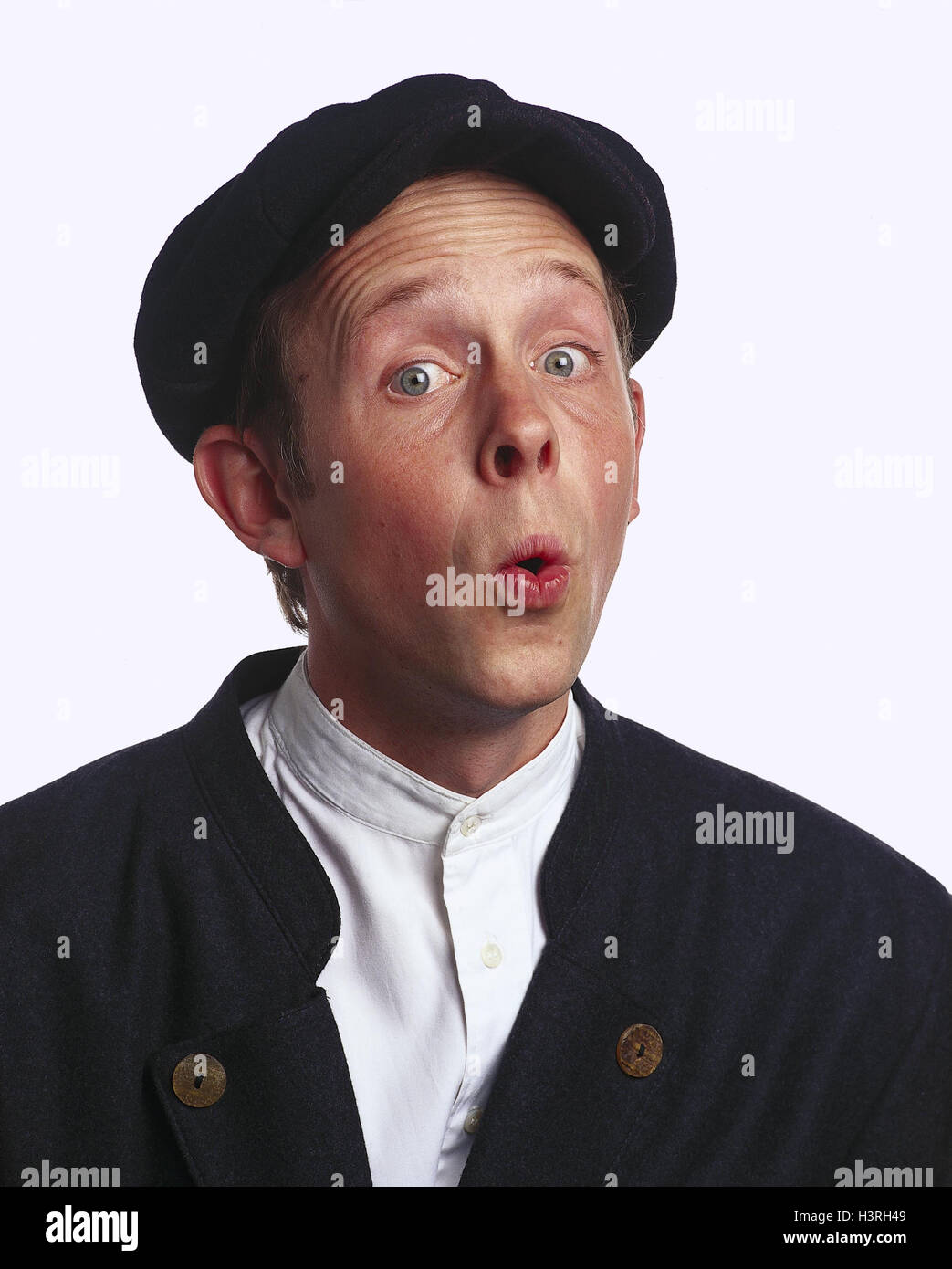 Man, beret, facial play, surprises, portrait, mb 82 A3 Stock Photo