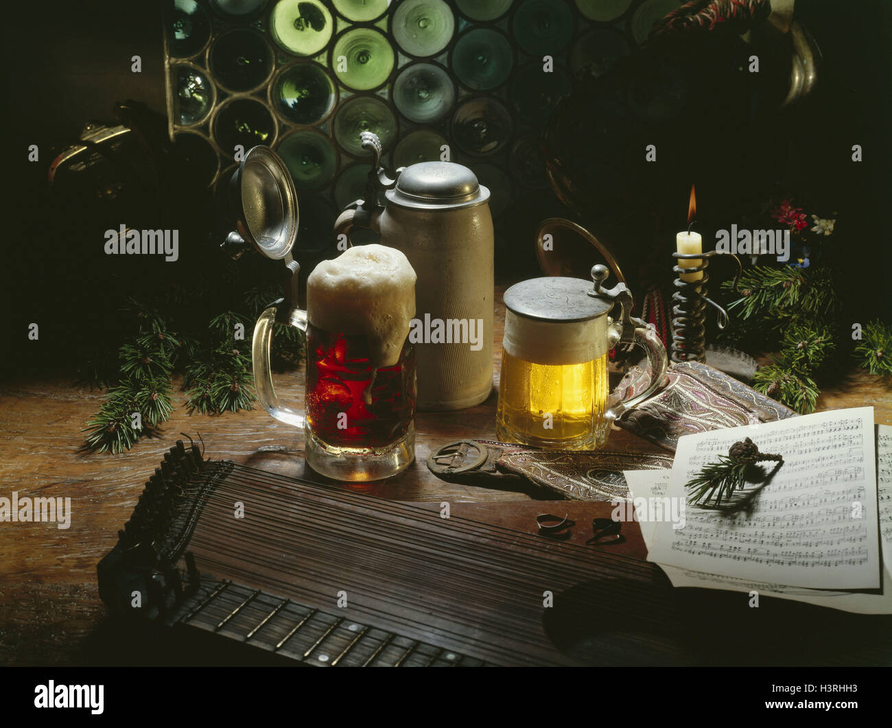 Beer mugs, table, zither, sheets music, beer, jug, drink, alcohol