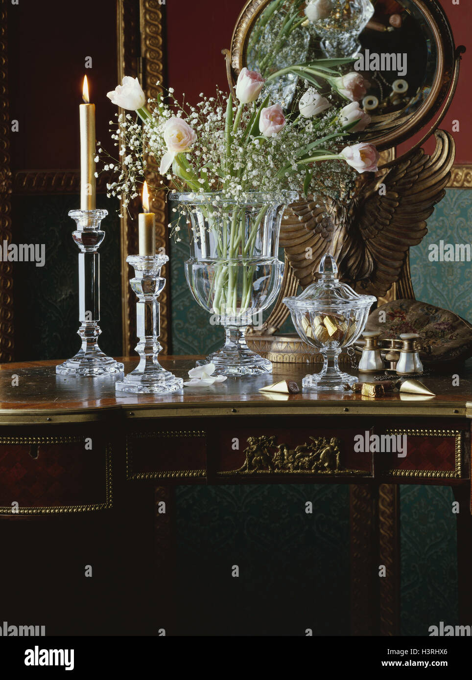 Desk, candlestick, flower vase, sweet kidney, table, antique, vessels, crystal glass, bouquet, inside, decoration, Stock Photo