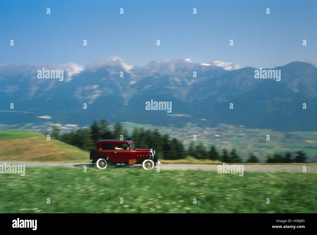 Car, old-timer, red Chevrolet (year construction in 1932) country road, helped to pull, Karwendelgebirge mountain landscape, motion blur, nostalgia, summer, Stock Photo