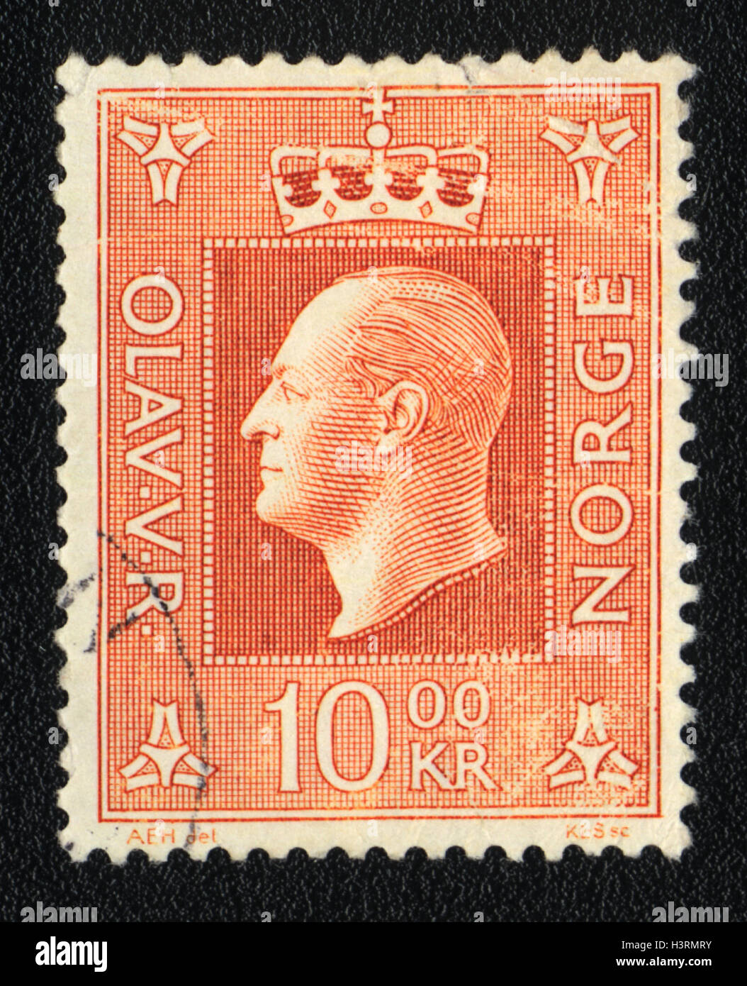 A postage stamp printed in Norway, shows Portrait of King Olav V, circa