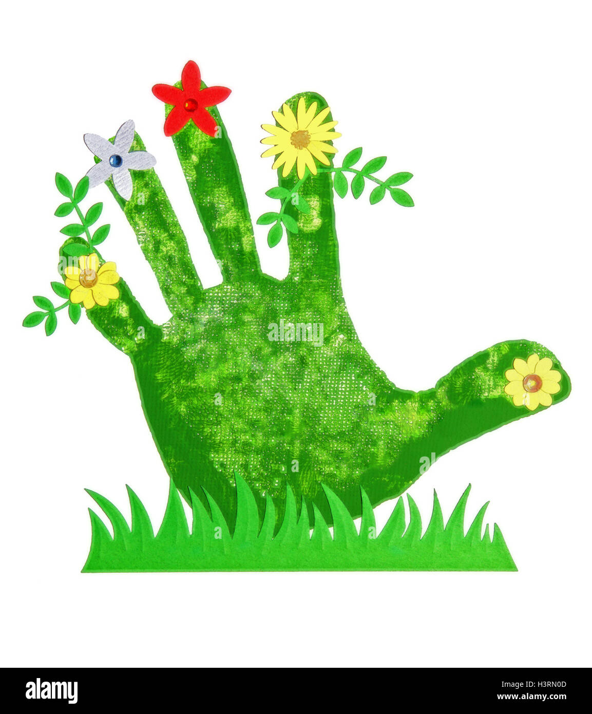 Drawing of a hand with flowers and grass.  Concept for keeping nature green and healthy. Stock Photo