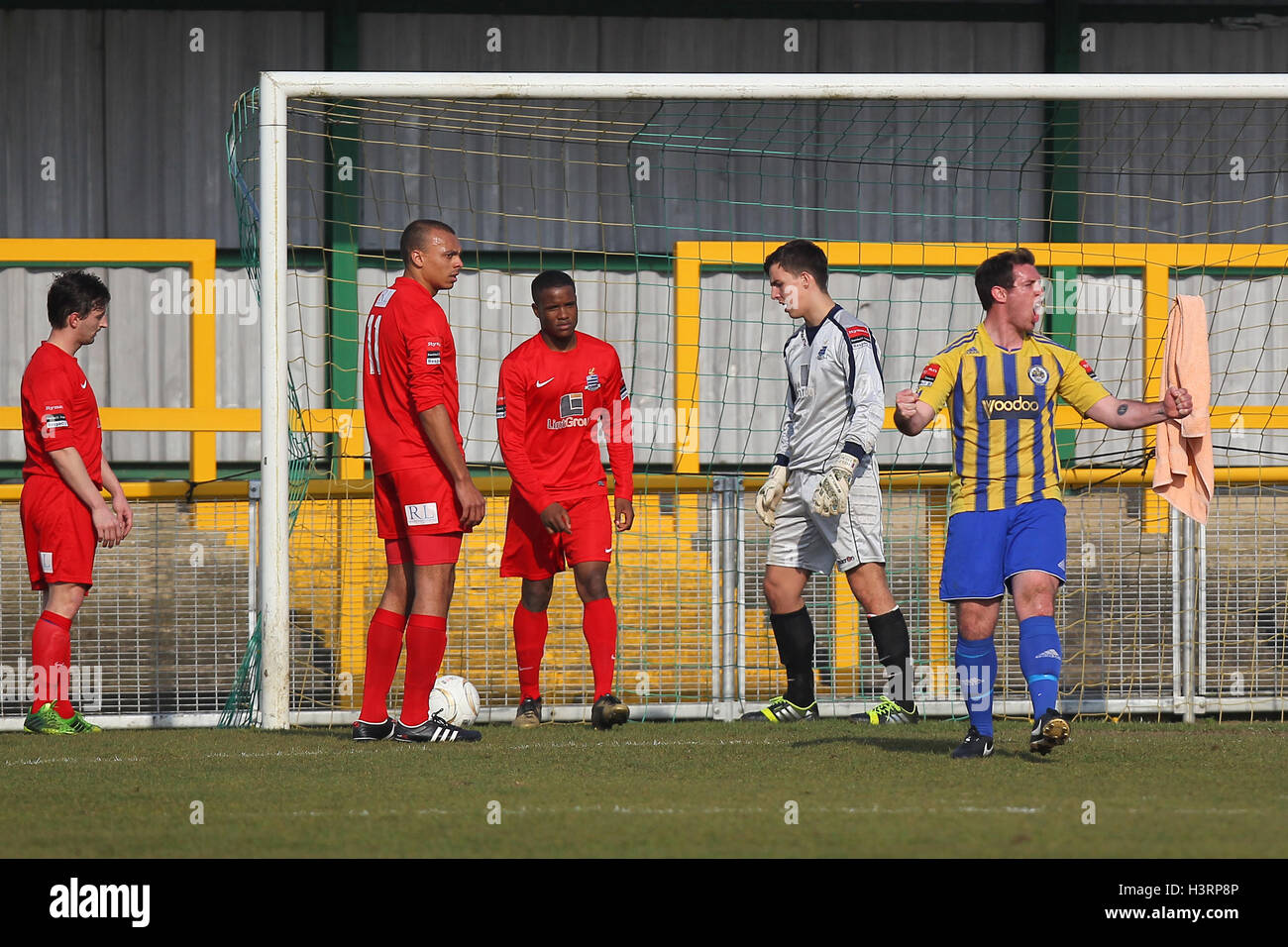 Nick Reynolds of Romford scores the second goal for his team and celebrates Romford vs
