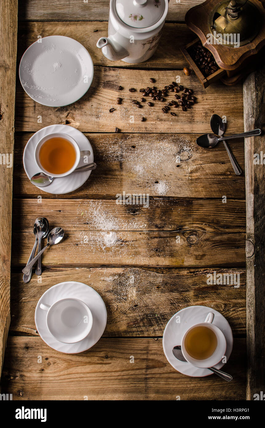 Table with coffee and tea, old style old mill, rustic photo Stock Photo ...