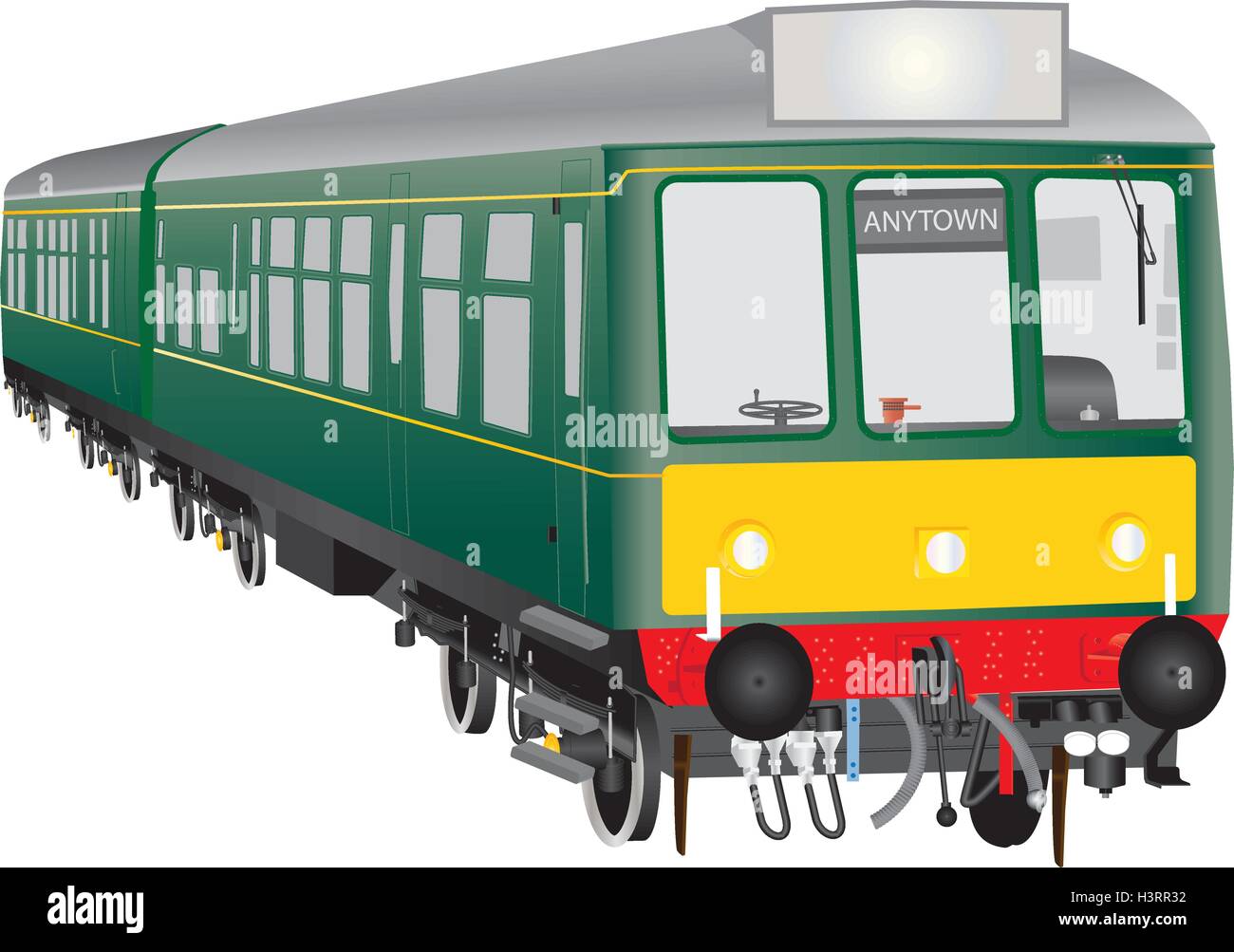 A detailed vector drawing of a Veteran Twin Car Suburban Diesel Train isolated on white Stock Vector