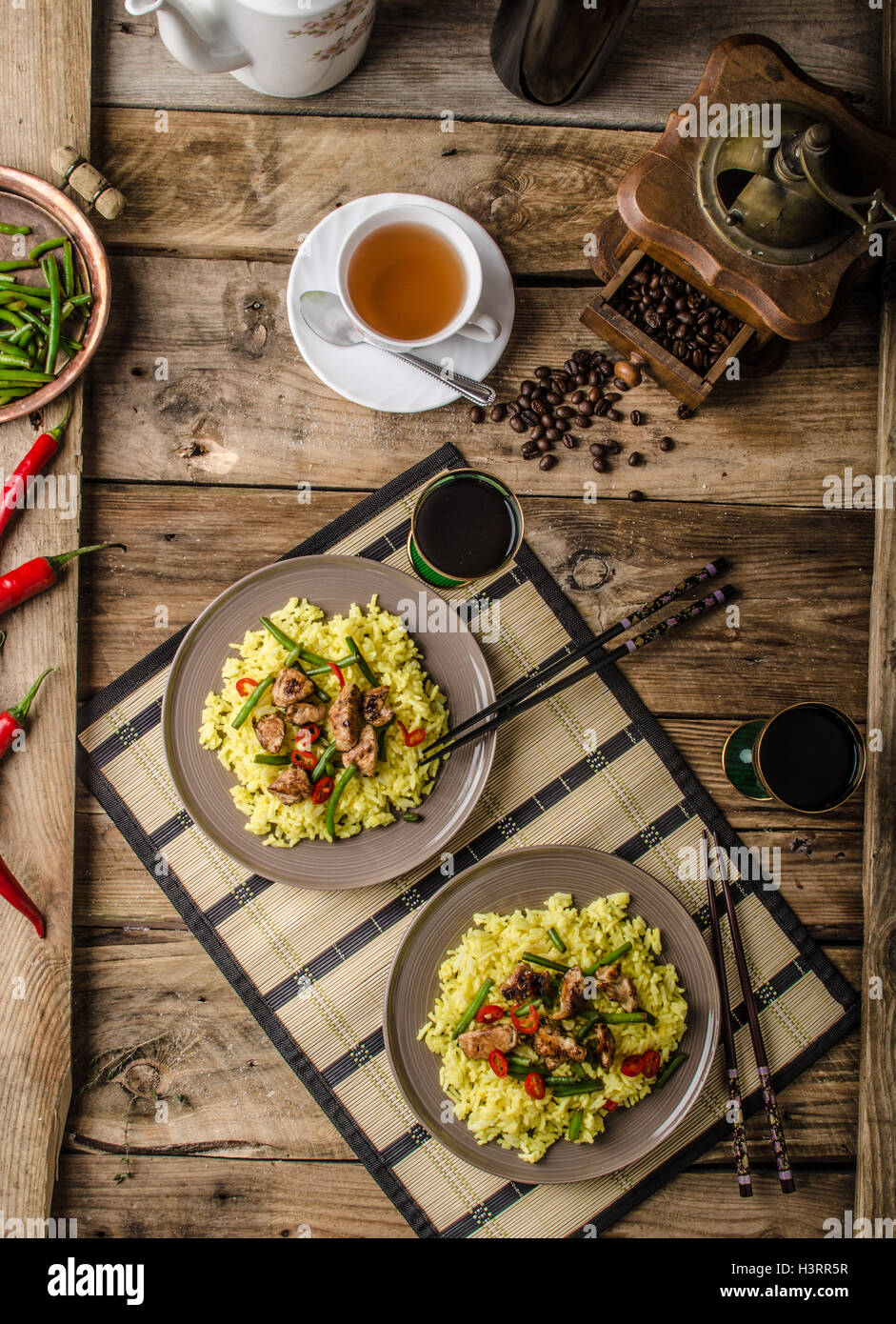 Curry rice with crisp chicken meat and chilli, old style photo Stock