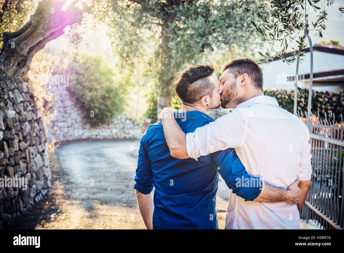 Rear view of stylish handsome men walking on sidewalk and kissing Stock Photo