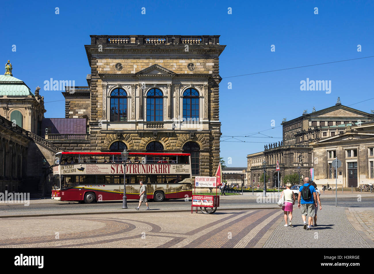 Ticket booth and bus for sightseeing tours in the city of Dresden, Saxony, Germany. Stock Photo