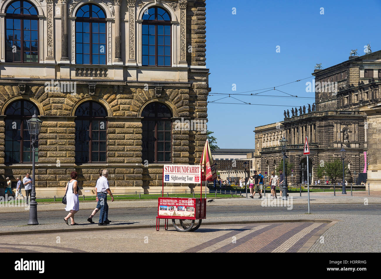 Ticket booth and bus stop for sightseeing tours in the city of Dresden, Saxony, Germany. Stock Photo