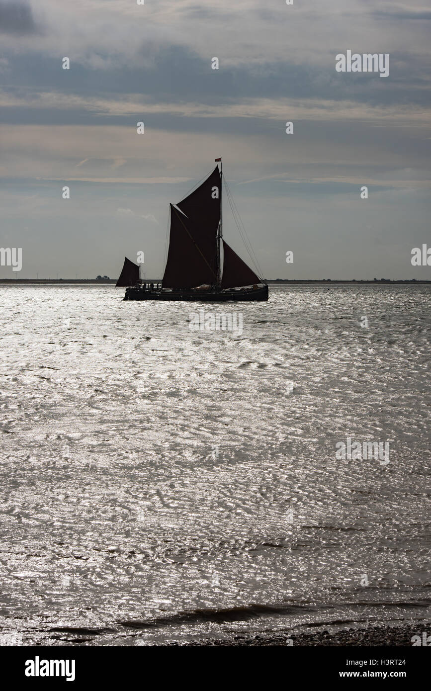 Thames sailing barge Centaur silhouetted leaving the Colne estuary off Brightlingsea at the start of a race. Stock Photo