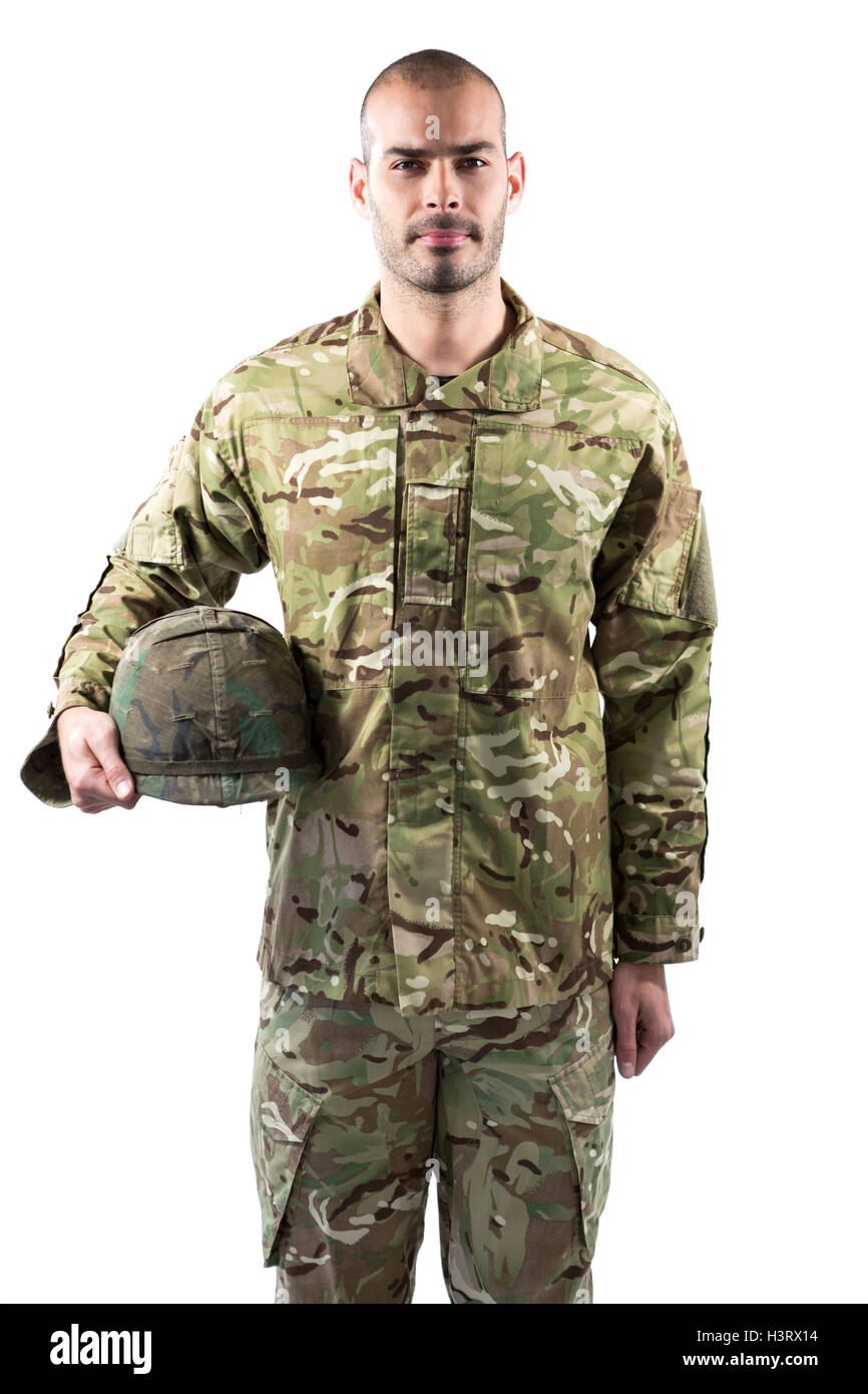 Portrait of confident soldier standing with a helmet Stock Photo - Alamy