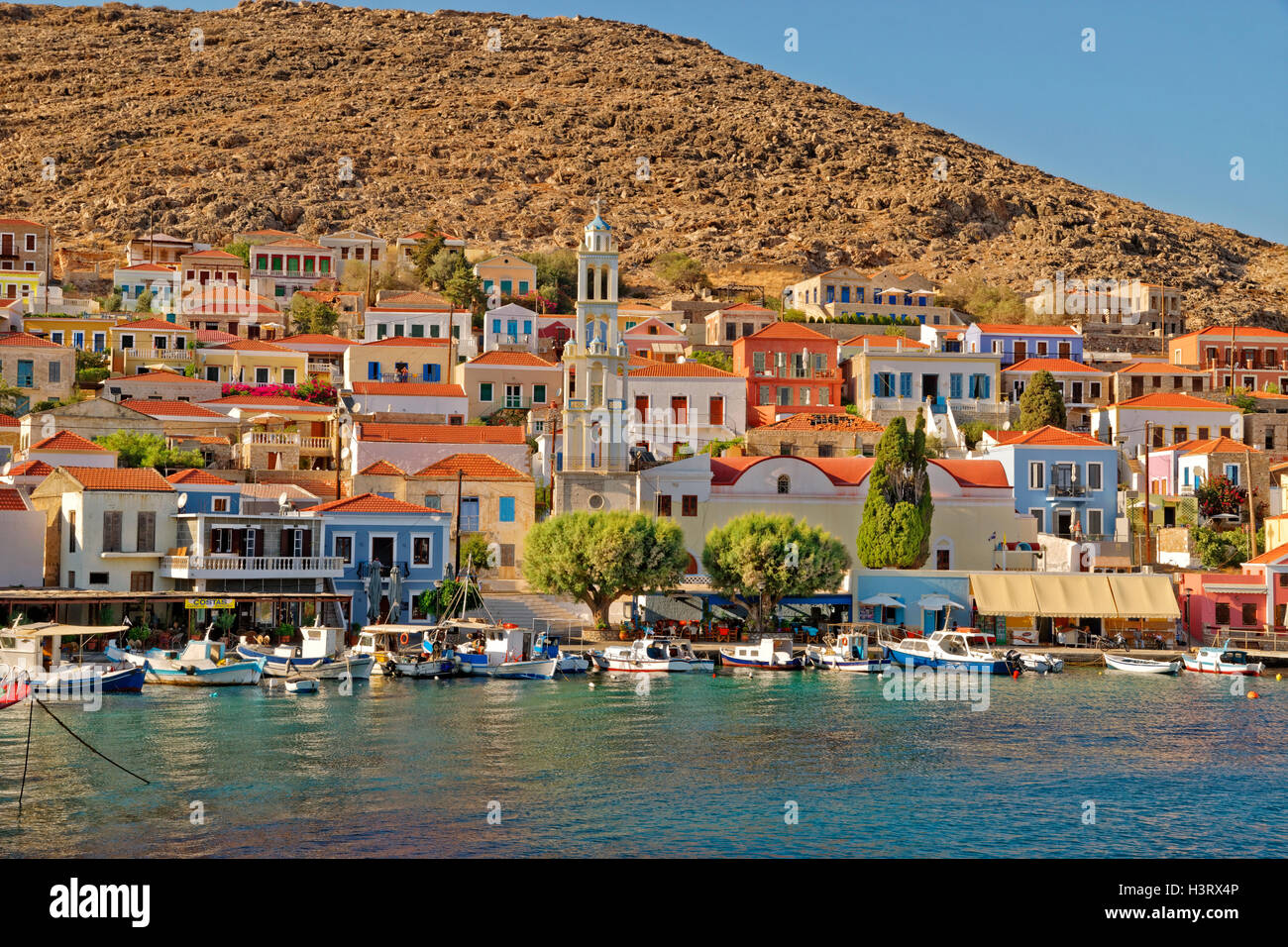 Chalki town on the Greek island of Chalki situated off the north coast of Rhodes in the Dodecanese Island group, Greece. Stock Photo