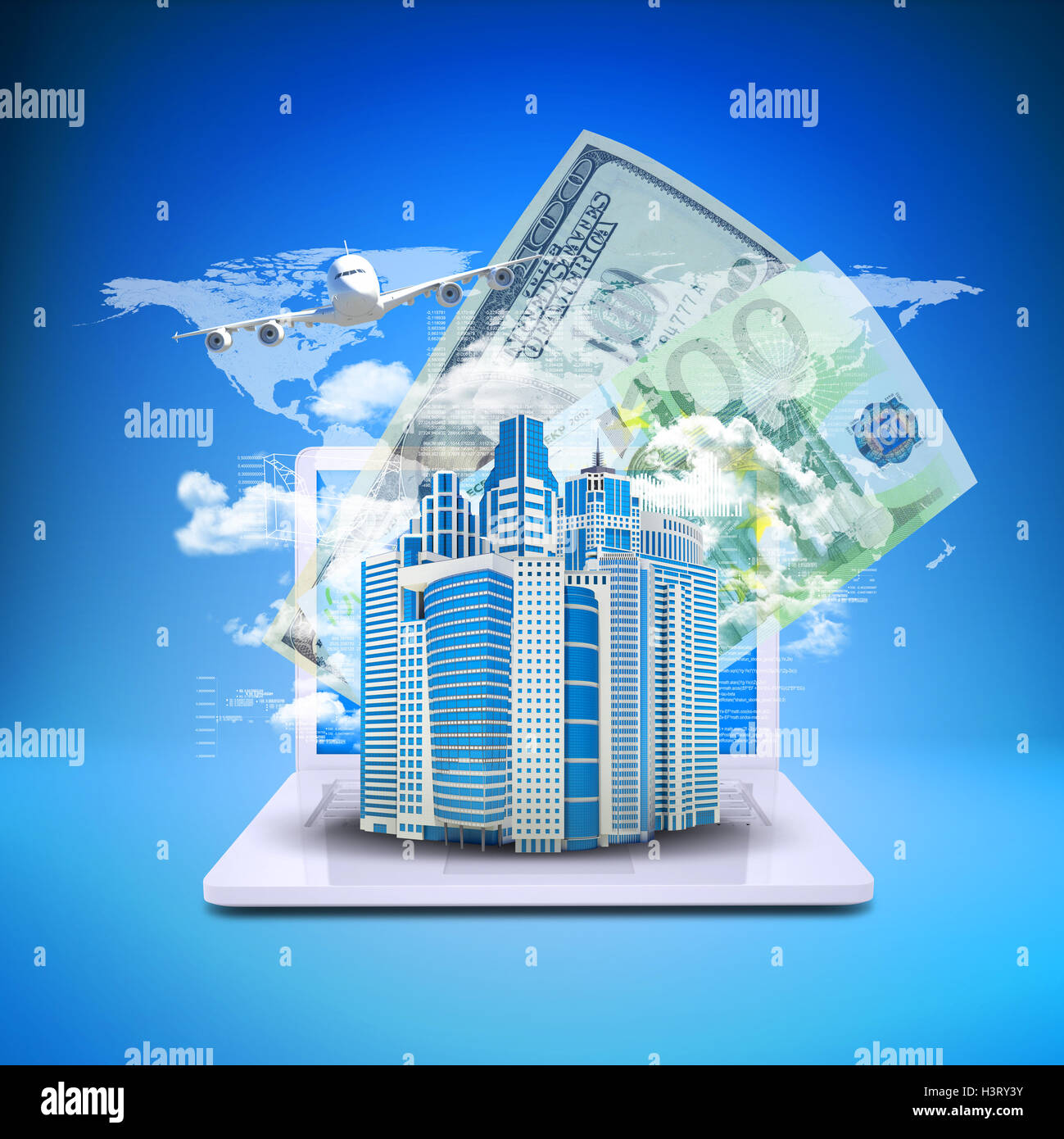 Airplane with background of skyscrapers on laptop Stock Photo - Alamy
