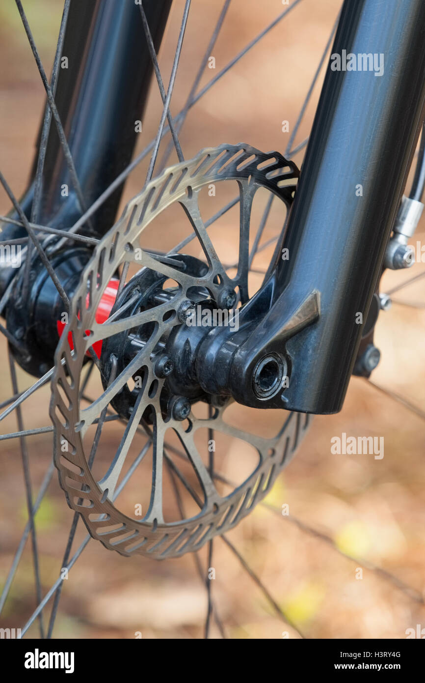 Closeup of mountain bike front wheel Stock Photo Alamy