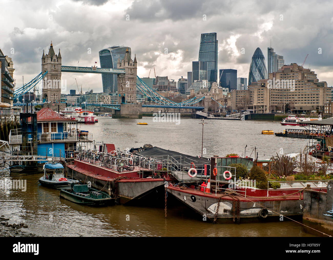 Houseboats on the River Thames in Bermondsey, near Tower Bridge London