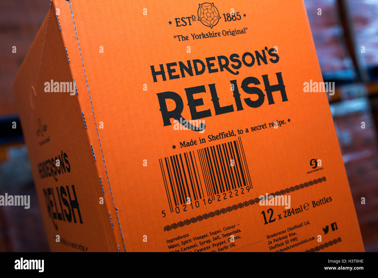 Hendersons Relish a condiment similar to Worcester Sauce relish has been produced in Sheffield, South Yorkshire since 1885 Stock Photo