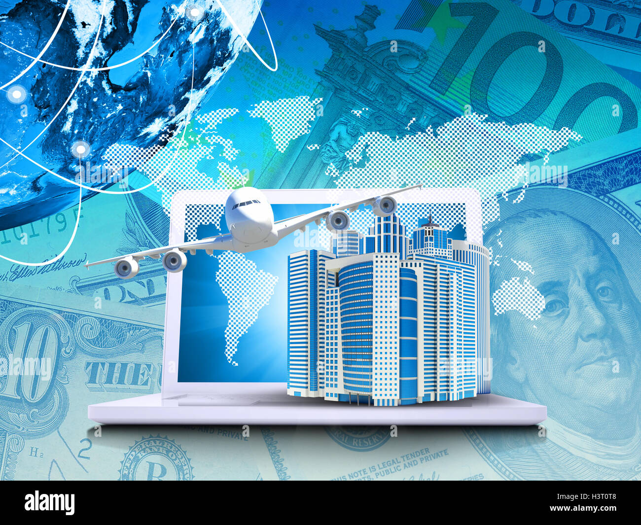 Airplane with background of laptop and Earth Stock Photo - Alamy