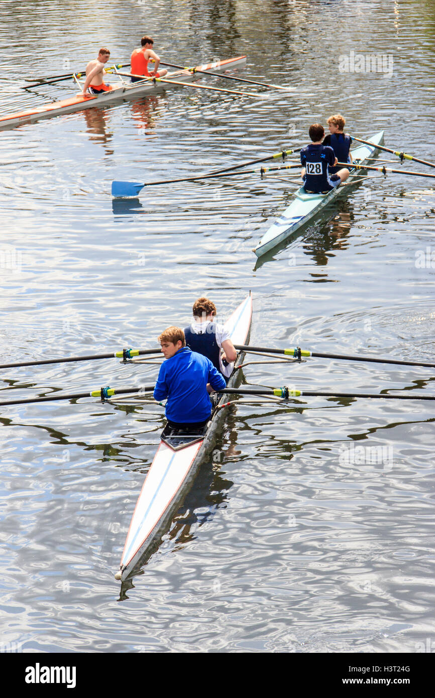 Three double sculls on the River Lea at Springfield Marina during a rowing competition at Lea Rowing Club, London, UK Stock Photo