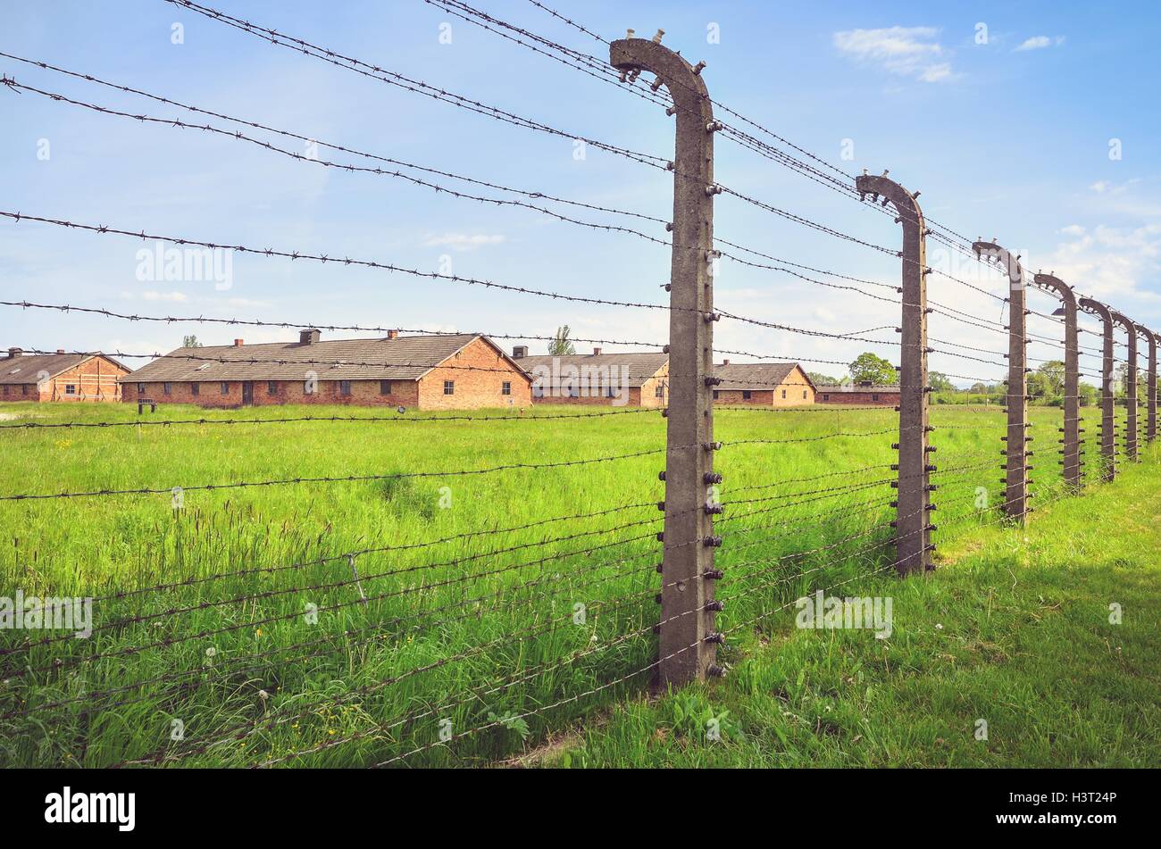 OSWIECIM, POLAND - MAY 12, 2016: Brick blocks concentration camp Auschwitz Birkenau II in Brzezinka, Poland. Stock Photo