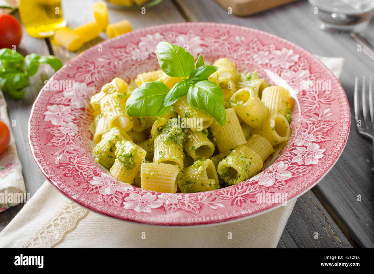 Rigatoni with pesto, delicious pesto with basil, olive oil, nuts and