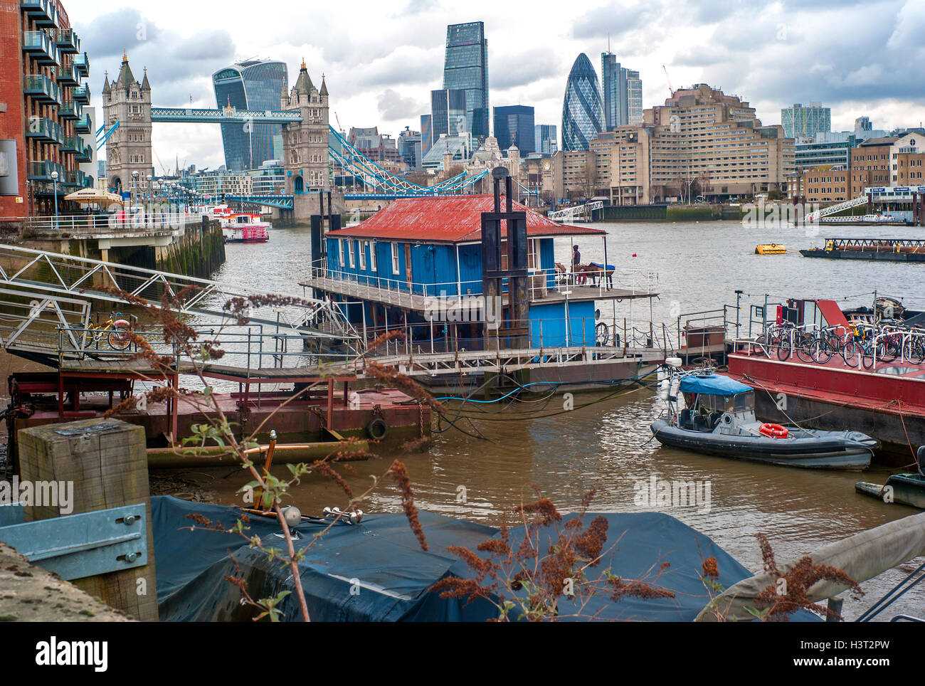 Houseboats on the River Thames in Bermondsey, near Tower Bridge London