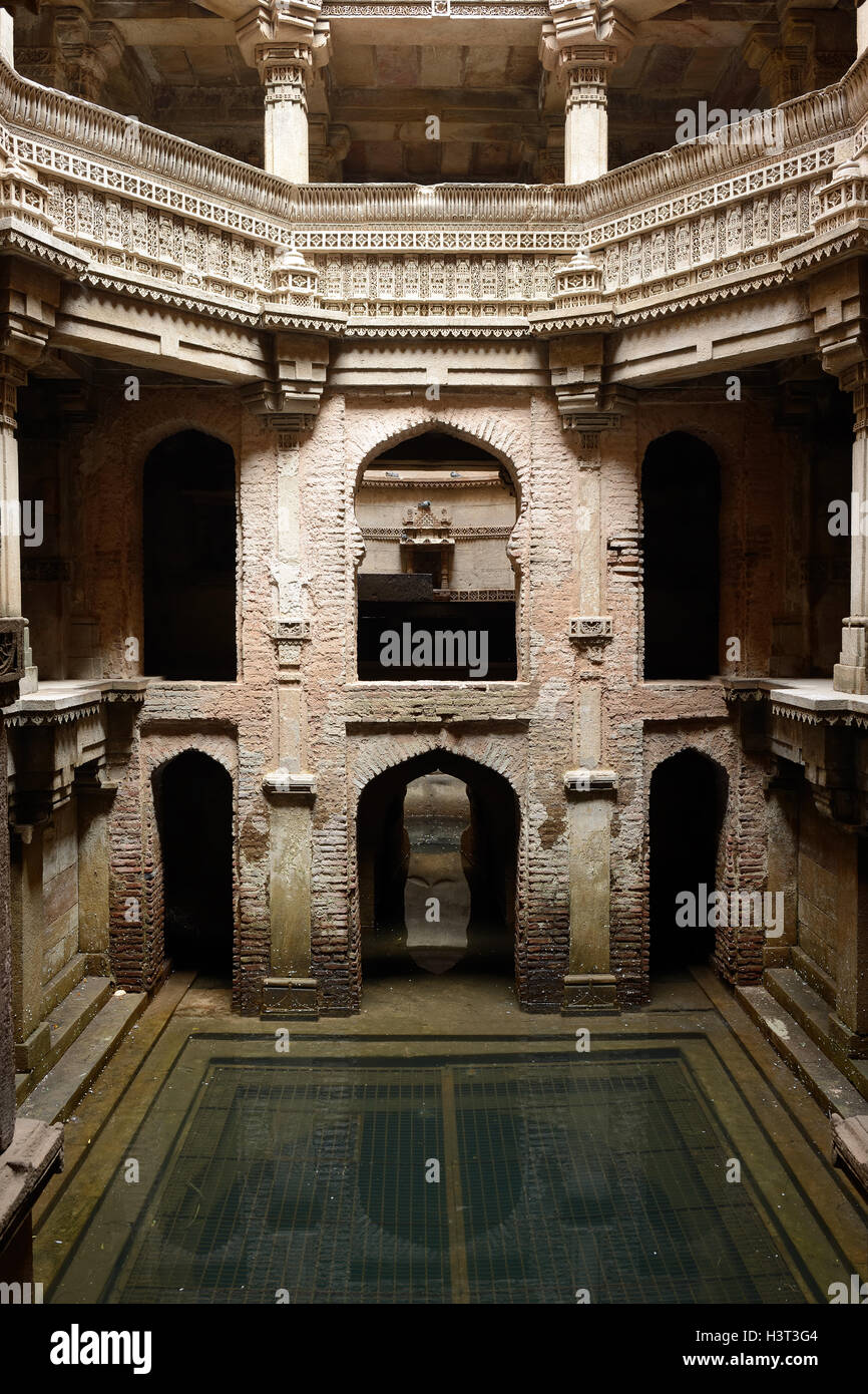 Adalaj Stepwell is a Hindu water building in the village of Adalaj, close to Ahmedabad town in the Indian state of Gujarat. Stock Photo