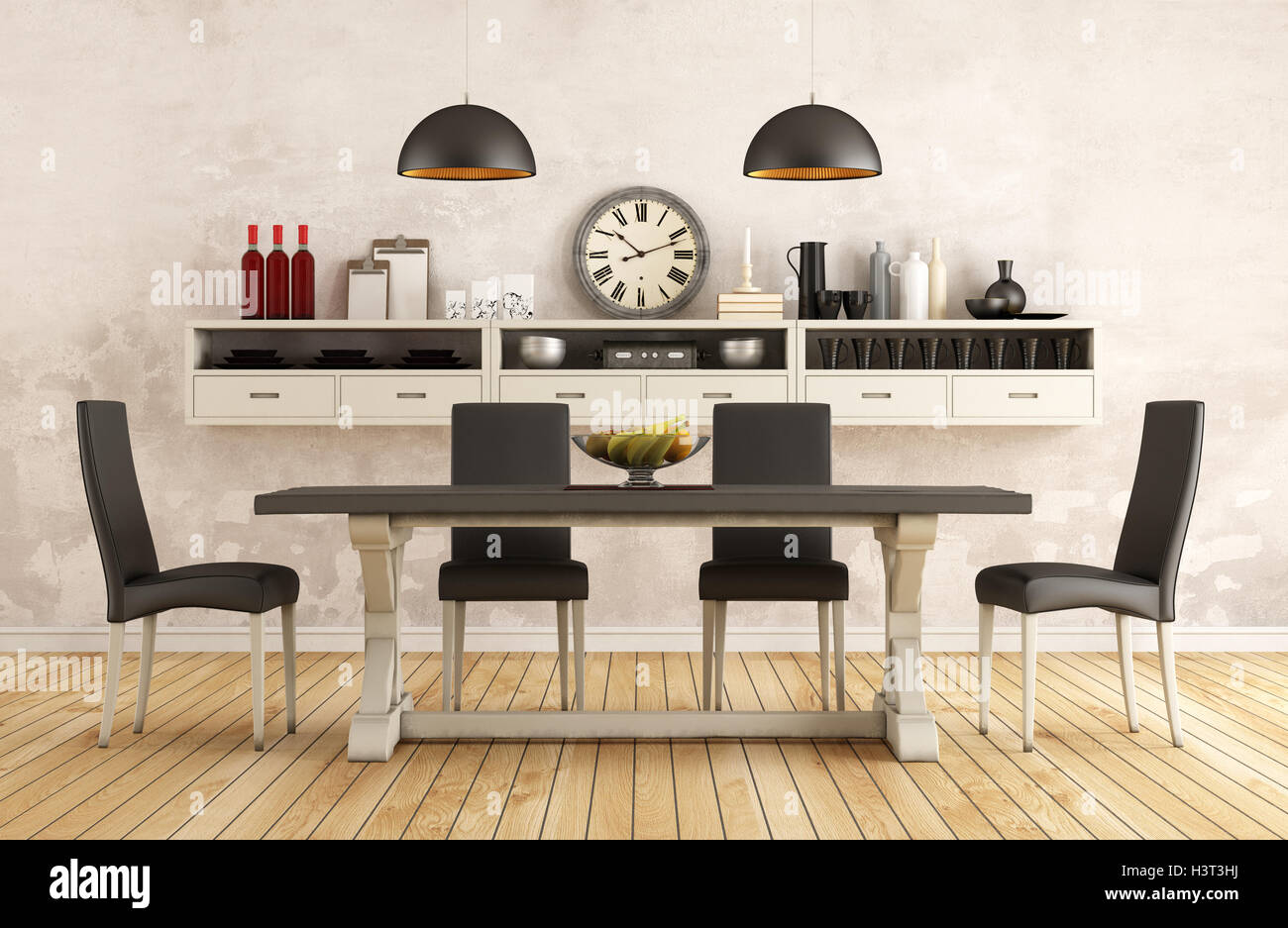 Black and white retro dining room with old table and chairs 3d interior