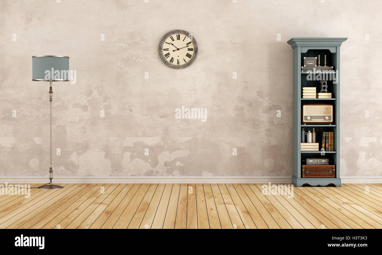 Empty old room with bookcase,floor lamp and clock 3d rendering Stock