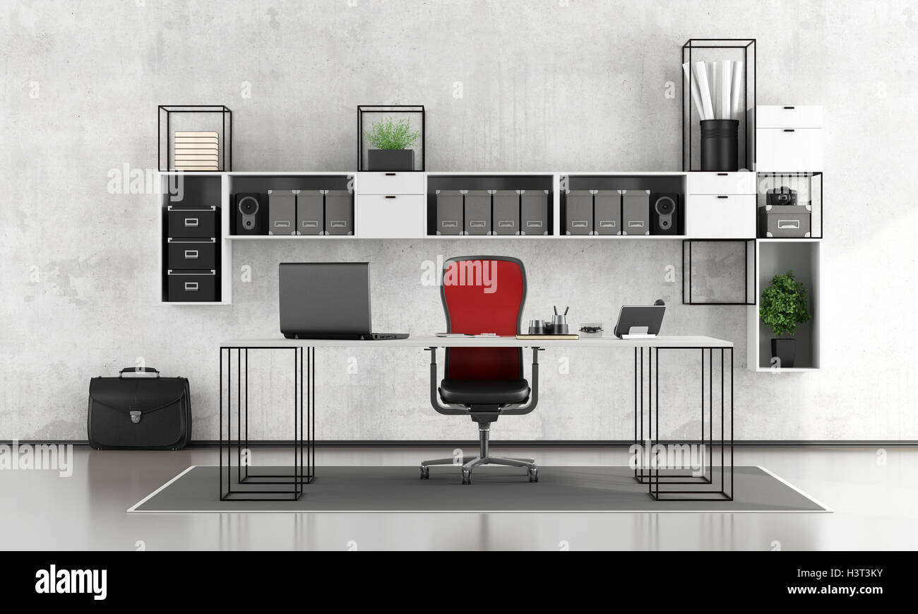 Black and white minimalist office with desk,chair and bookcase - 3d