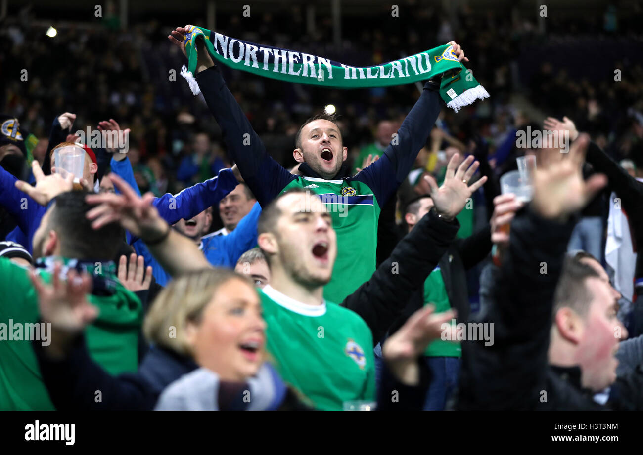Northern Ireland fans in the stands during the 2018 FIFA World Cup Qualifying match at the HDI Arena, Hannover. Stock Photo