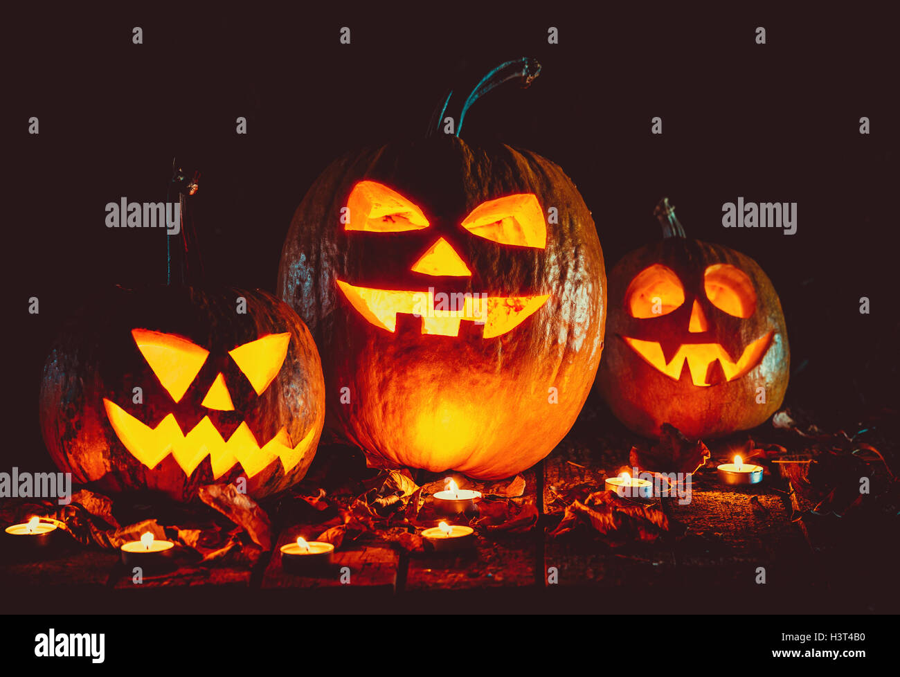 Halloween Pumpkins head jack lantern on the old boards in a spooky ...