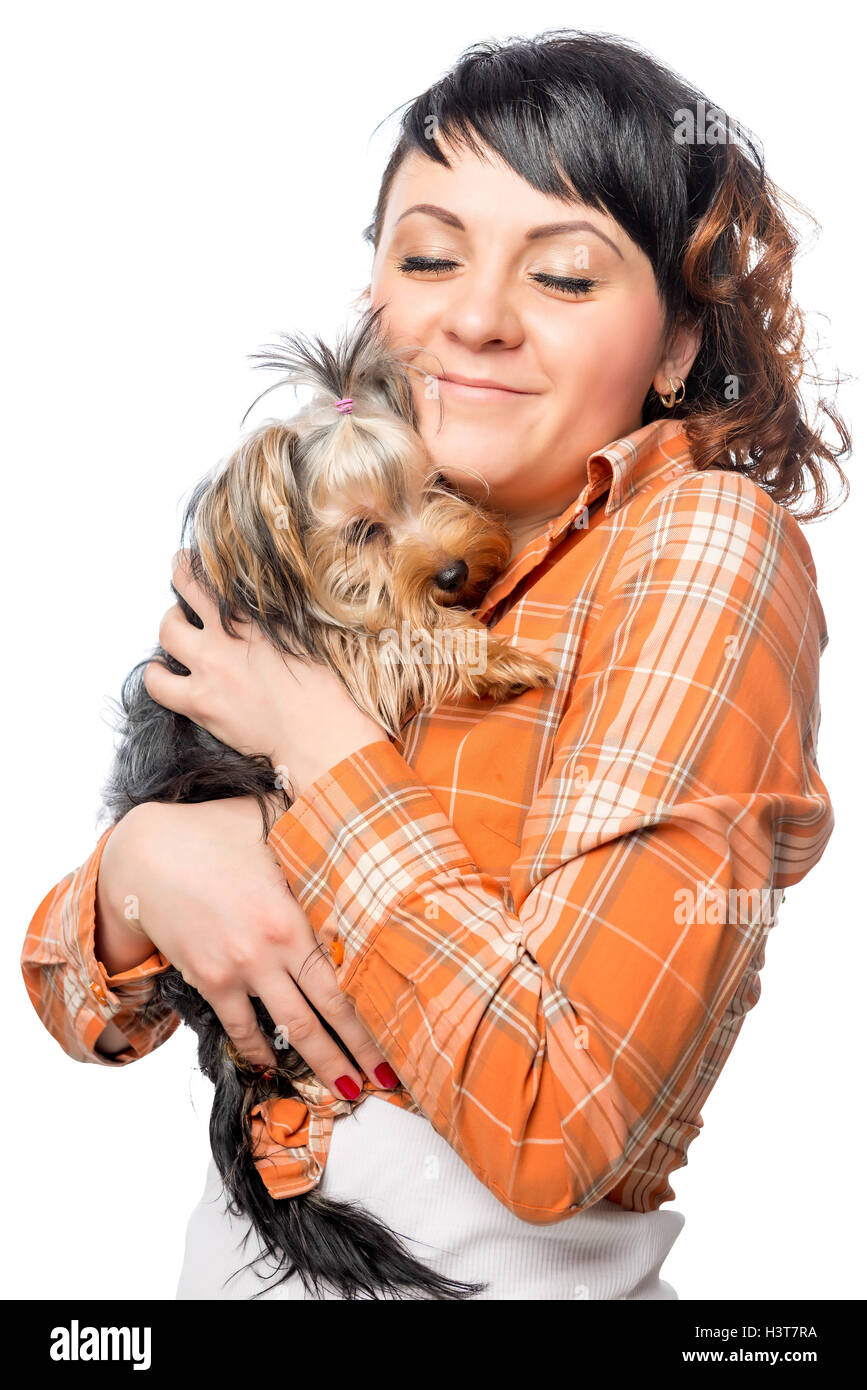 woman with her pet Yorkshire terrier on a white background Stock Photo