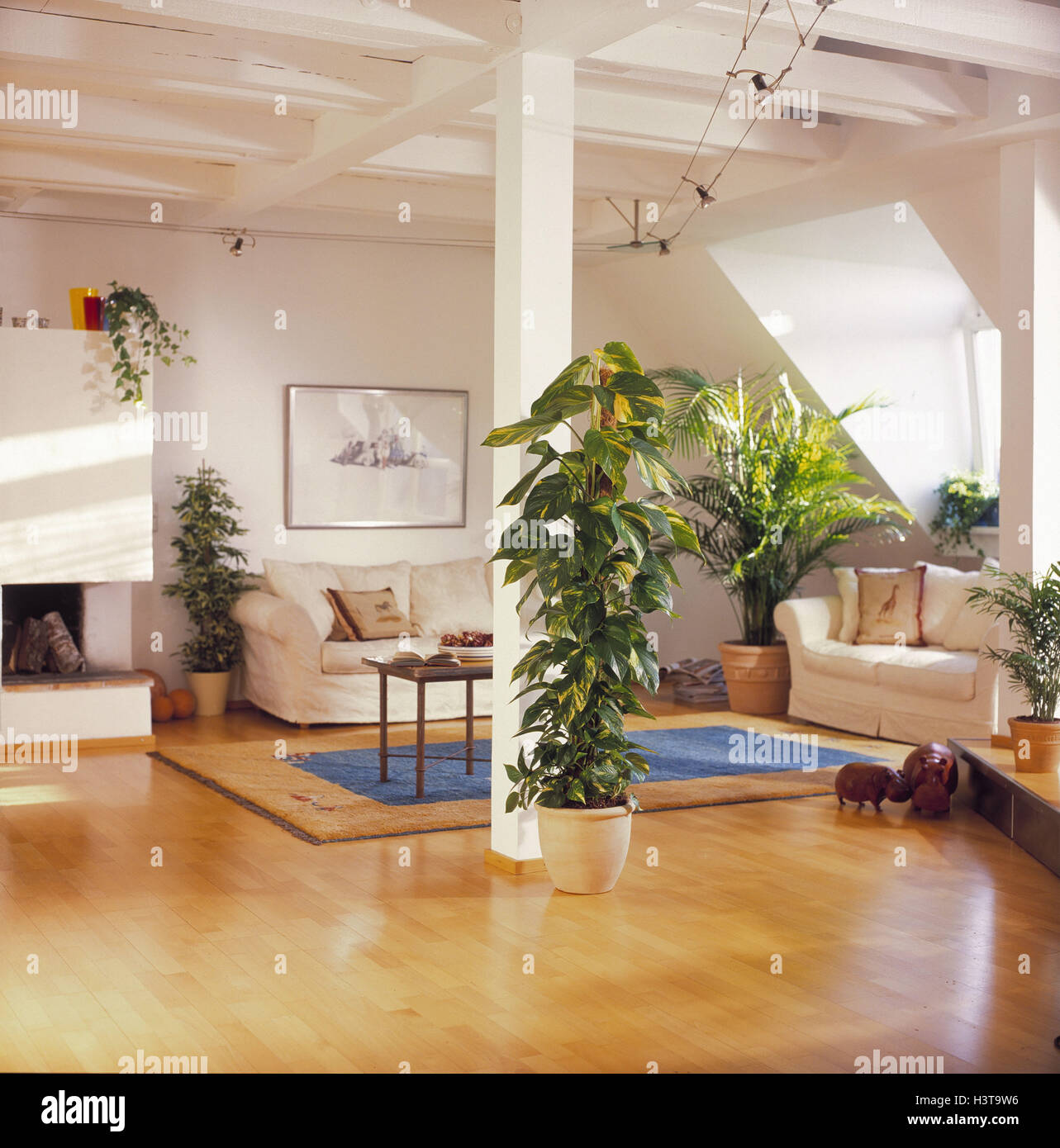 Loft Sitting Room Open Chimney Indoor Plants Interior Design Living Space Interior View Interior Shot Seat Trimming Couch Beige Chimney More Openly Potted Plants Parquet Flooring Stock Photo Alamy